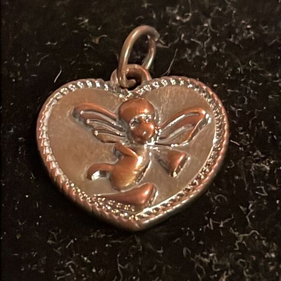 0.5” two toned-silver/rose gold-heart shaped charm/pendant w/cherub blowing horn - Picture 2 of 8